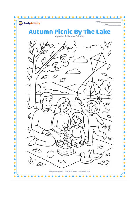 Colouring page: Draw a family enjoying a lakeside autumn picnic with a basket of apples, a child flying a plain kite, trees with falling leaves, ducks on the water, and distant hills. Include a simple…