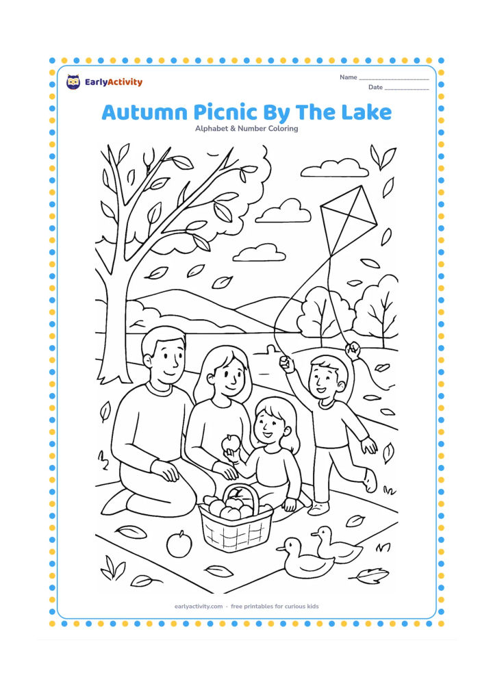 Colouring page: Draw a family enjoying a lakeside autumn picnic with a basket of apples, a child flying a plain kite, trees with falling leaves, ducks on the water, and distant hills. Include a simple…