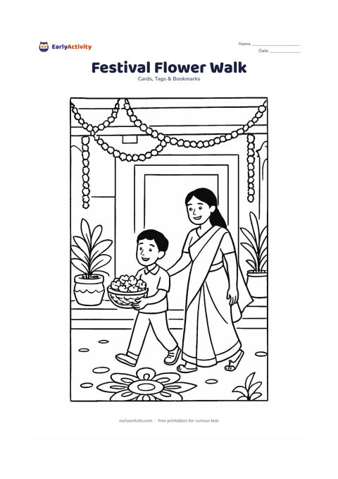 Worksheet: A child walks beside their mother through a decorated Indian courtyard carrying a basket of flowers, with hanging garlands, potted plants, a doorway and a simple rangoli on the ground.…