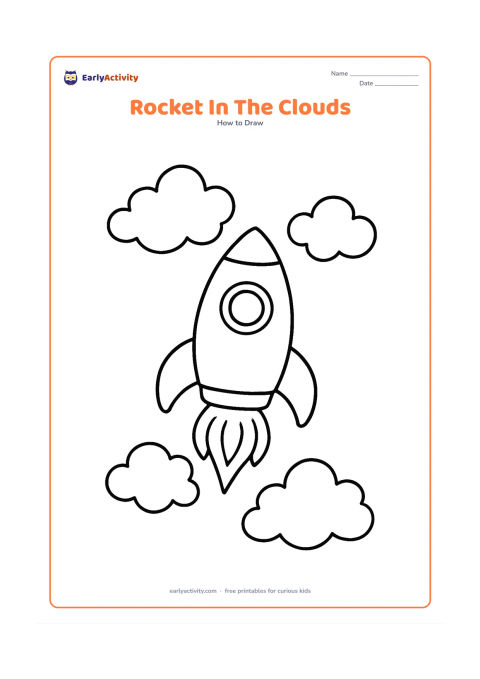 Worksheet: A chunky upright rocket with a round window and two fins flies through three large puffy clouds, with curved flames below. Keep the scene open and simple, with no words, letters or numbers.