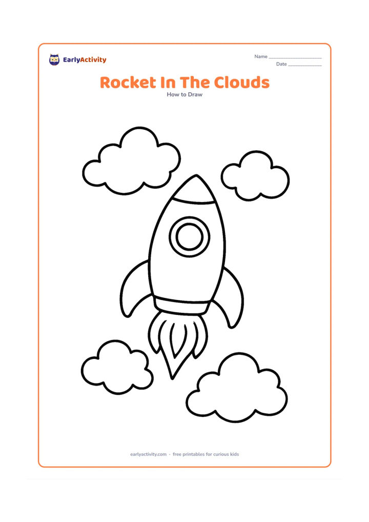 Worksheet: A chunky upright rocket with a round window and two fins flies through three large puffy clouds, with curved flames below. Keep the scene open and simple, with no words, letters or numbers.