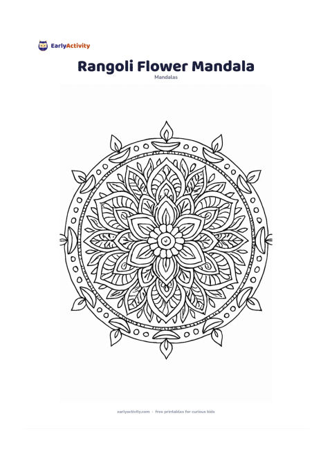 Colouring page: Create a circular floral rangoli-inspired design with a large flower centre, repeating petal paths, leaves, dots, curved borders, and small oil lamps around the outside. Keep the…