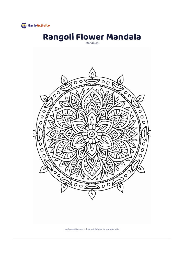 Colouring page: Create a circular floral rangoli-inspired design with a large flower centre, repeating petal paths, leaves, dots, curved borders, and small oil lamps around the outside. Keep the…