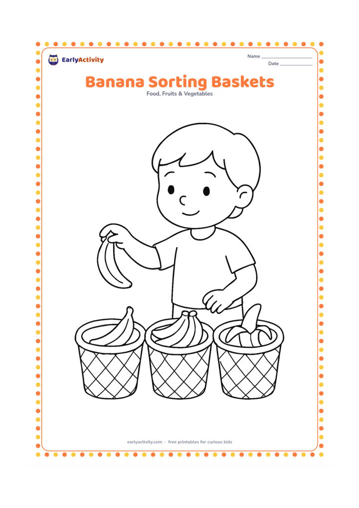 Colouring page: Draw three open baskets containing single bananas, small bunches and peeled bananas, with a child placing one banana into a basket. Arrange the baskets in a clear row on the floor.