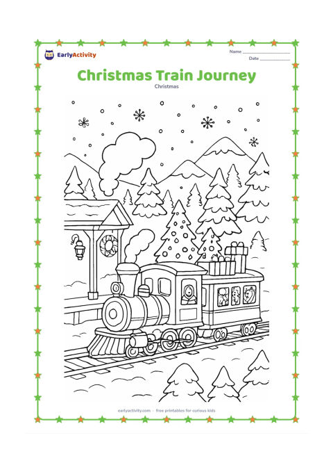 Colouring page: A festive train travels through a snowy landscape carrying decorated trees and wrapped gifts, with families visible through the windows. Add a station platform with a wreath, lanterns,…