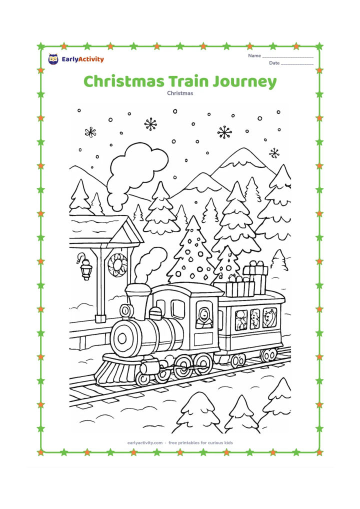 Colouring page: A festive train travels through a snowy landscape carrying decorated trees and wrapped gifts, with families visible through the windows. Add a station platform with a wreath, lanterns,…