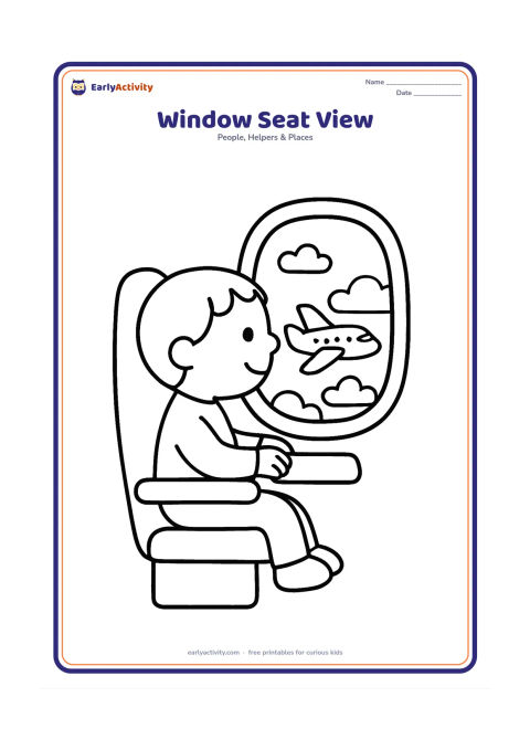 Colouring page: Show a child passenger looking through a large aeroplane window while a pilot's plane flies above fluffy clouds outside. The child sits safely in a simple seat with a tray folded away.