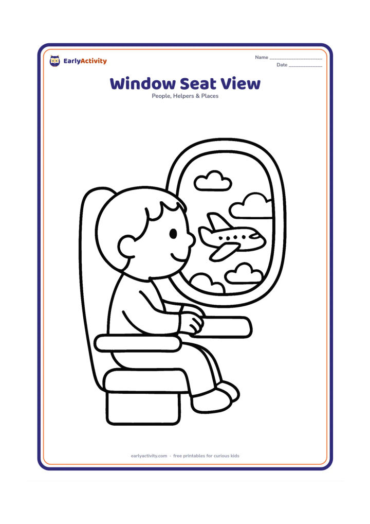 Colouring page: Show a child passenger looking through a large aeroplane window while a pilot's plane flies above fluffy clouds outside. The child sits safely in a simple seat with a tray folded away.
