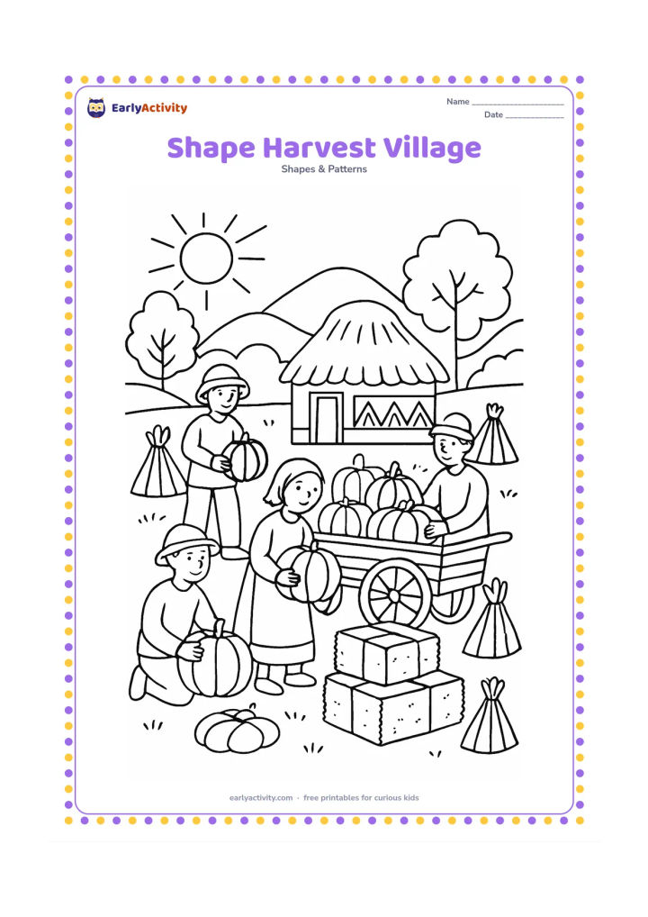 Colouring page: Draw a village harvest scene with farmers gathering round pumpkins, rectangular hay bales and triangular bundles beside a patterned cart. Add a thatched hut with geometric panels, trees,…
