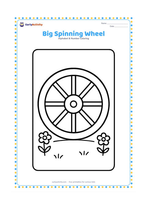 Colouring page: Draw one large wooden wheel standing upright on the ground, with a short grassy line and two simple flowers around it. Show clear spokes radiating from the centre.