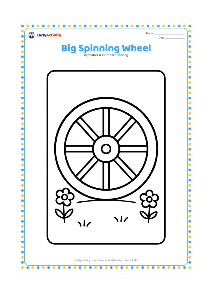 Colouring page: Draw one large wooden wheel standing upright on the ground, with a short grassy line and two simple flowers around it. Show clear spokes radiating from the centre.