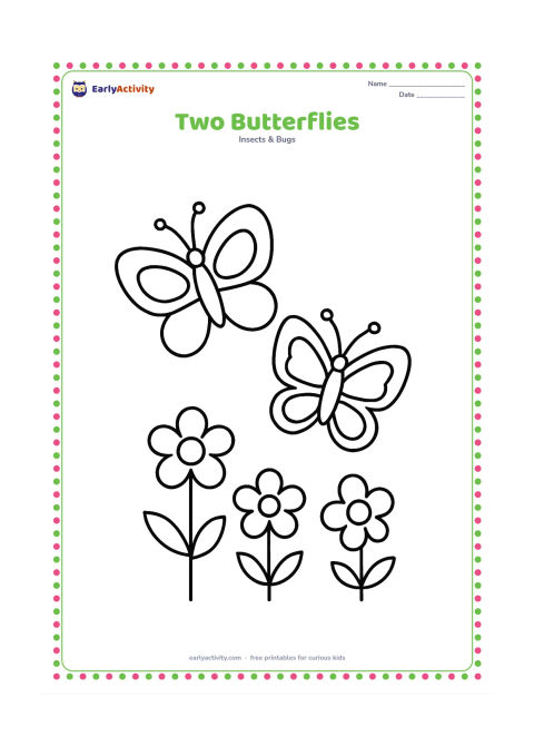 Colouring page: Draw two large butterflies flying together over three simple flowers, one higher than the other. Give each butterfly a different easy wing outline and leave open spaces inside the wings.