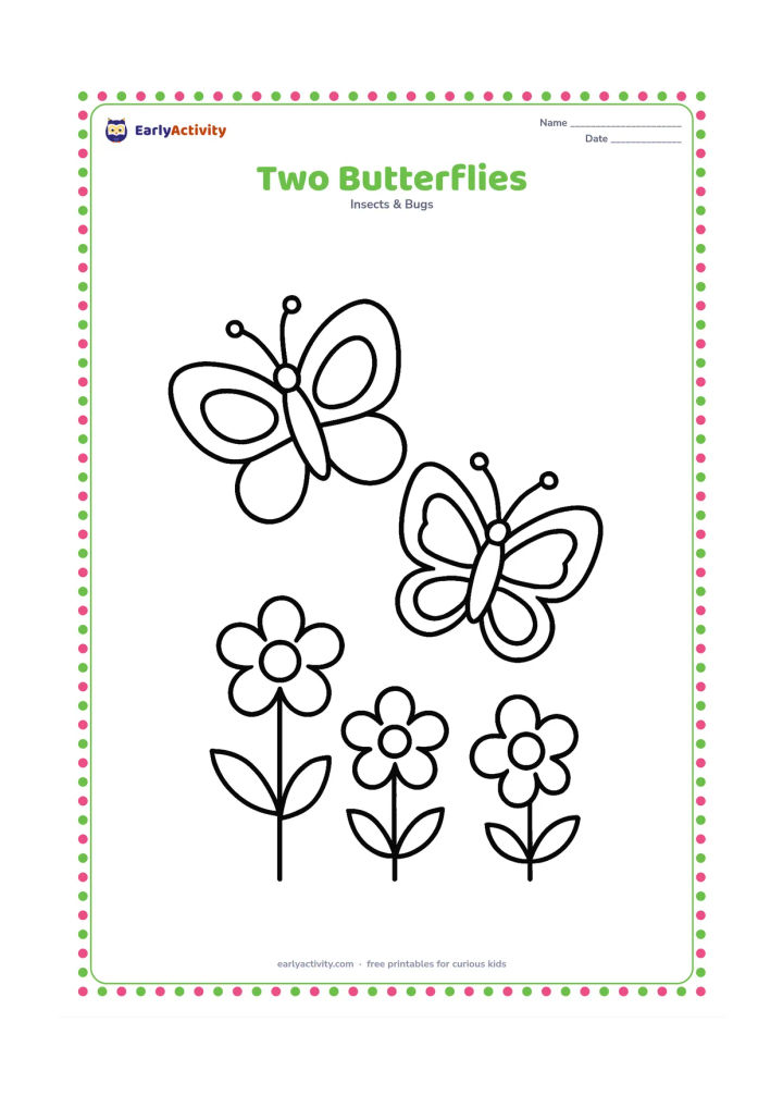Colouring page: Draw two large butterflies flying together over three simple flowers, one higher than the other. Give each butterfly a different easy wing outline and leave open spaces inside the wings.