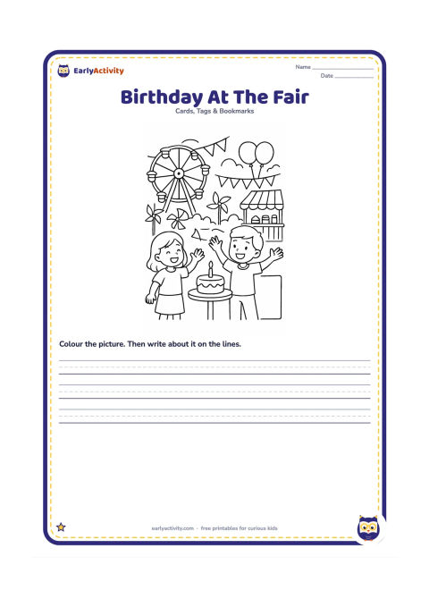 Worksheet: Draw two children celebrating at a cheerful fairground beside a small cake table, with a Ferris wheel, paper pinwheels, balloons, bunting, and a snack stall in the background. Leave one…