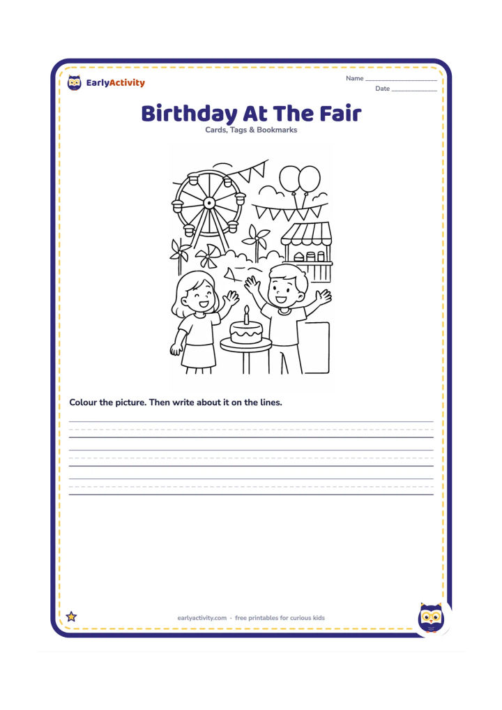Worksheet: Draw two children celebrating at a cheerful fairground beside a small cake table, with a Ferris wheel, paper pinwheels, balloons, bunting, and a snack stall in the background. Leave one…