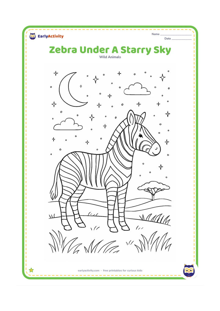 Colouring page: Draw one zebra standing peacefully on a hill at night, with a crescent moon, scattered stars, wispy clouds, a distant acacia and layered grassland below. Keep the scene gentle and non-scary.