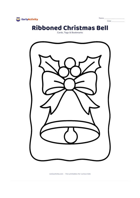 Worksheet: Draw a large Christmas bell with a wide bow and two holly leaves, centred on the card. Add a few large round berries and a simple curved border around the bell.