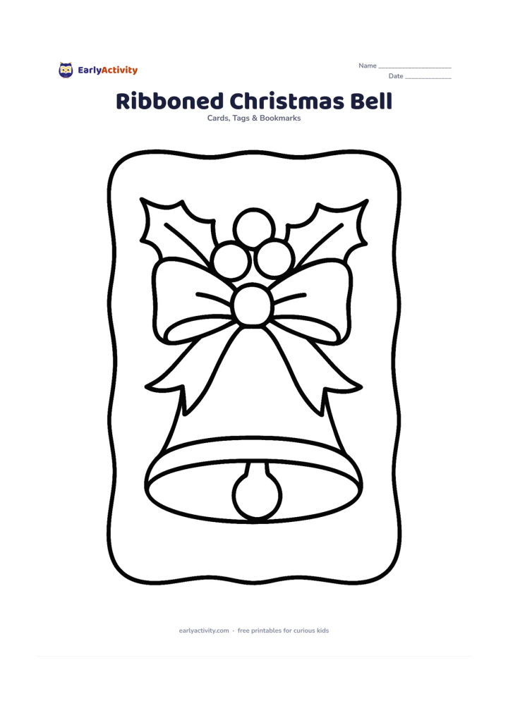 Worksheet: Draw a large Christmas bell with a wide bow and two holly leaves, centred on the card. Add a few large round berries and a simple curved border around the bell.
