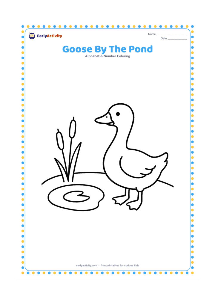 Colouring page: A friendly goose stands beside a small pond with two reeds and one floating leaf. Show the goose in a calm side view on open ground.
