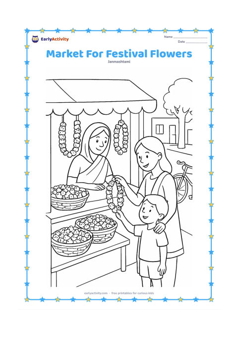 Colouring page: Draw a child and parent choosing flower garlands at a small Indian street flower stall for Janmashtami. Include baskets of flowers, a cloth canopy, a bicycle and a quiet street background.