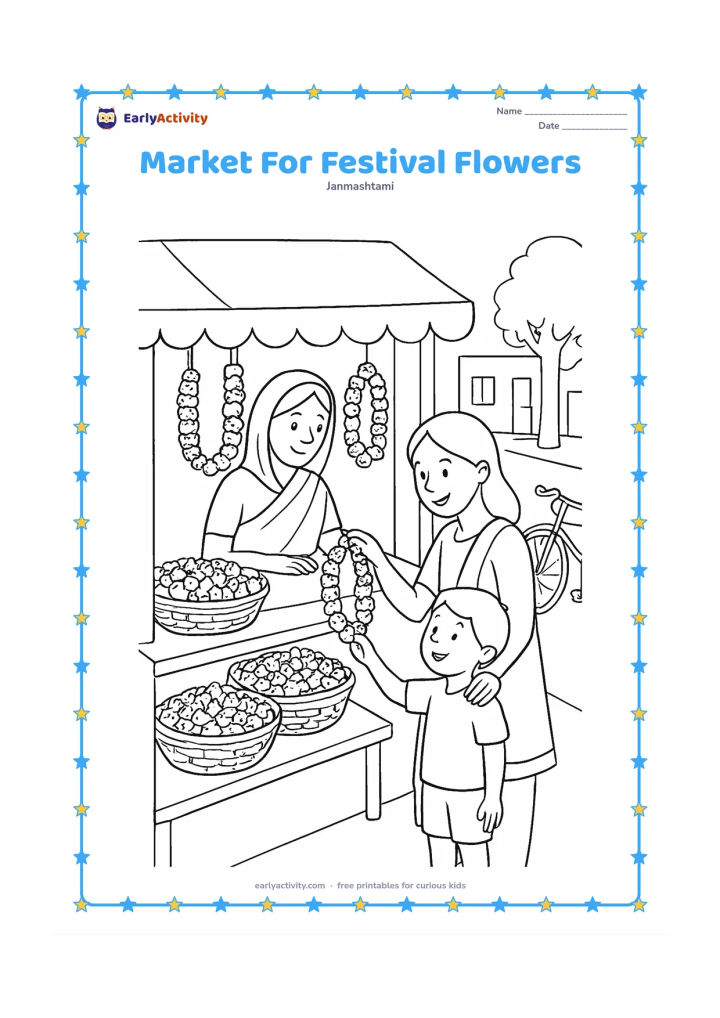Colouring page: Draw a child and parent choosing flower garlands at a small Indian street flower stall for Janmashtami. Include baskets of flowers, a cloth canopy, a bicycle and a quiet street background.