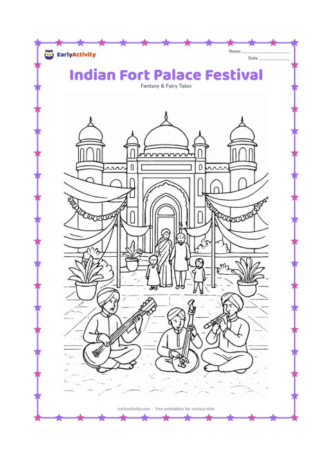 Colouring page: Draw an Indian fort palace courtyard prepared for a celebration, with domed towers, carved arches, blank fabric canopies, flower garlands without lettering, musicians with simple…
