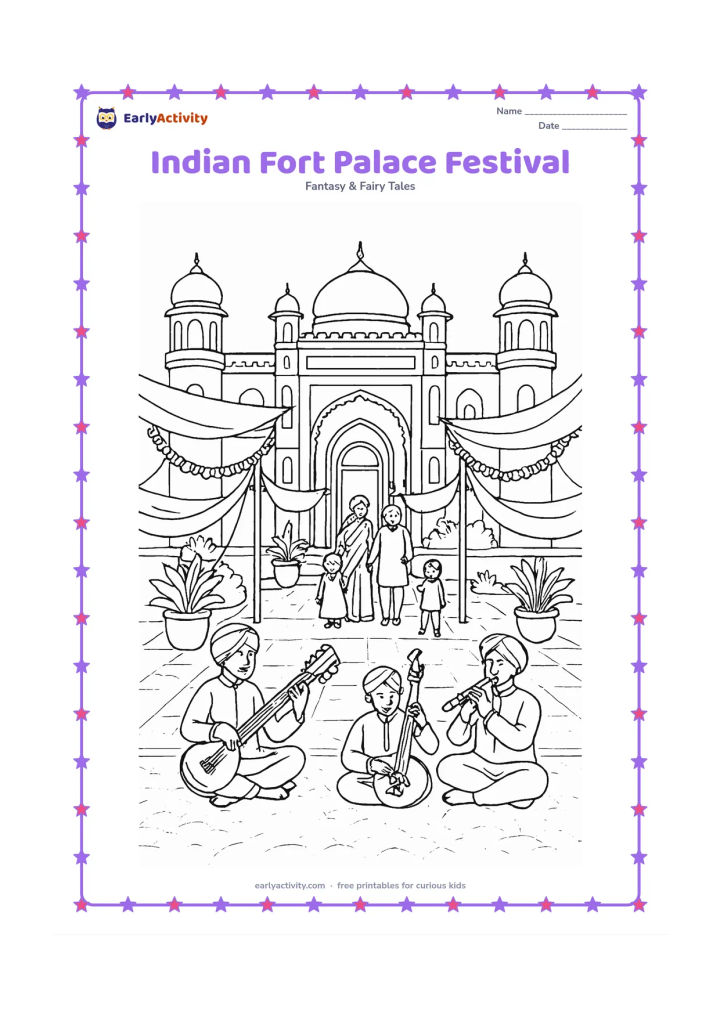 Colouring page: Draw an Indian fort palace courtyard prepared for a celebration, with domed towers, carved arches, blank fabric canopies, flower garlands without lettering, musicians with simple…