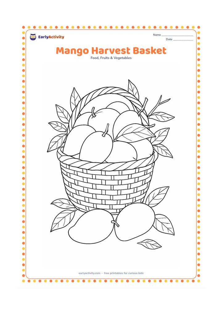 Colouring page: Depict a detailed woven basket overflowing with mangoes, leaves and a few twigs, with additional fruit arranged on the ground beside it.