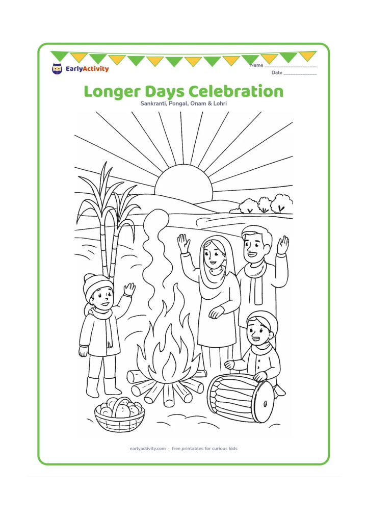 Colouring page: Draw a family welcoming the end of the cold winter period at sunrise, standing beside a gently smoking bonfire with sugarcane, a food basket and a dhol. Include a field, distant trees,…