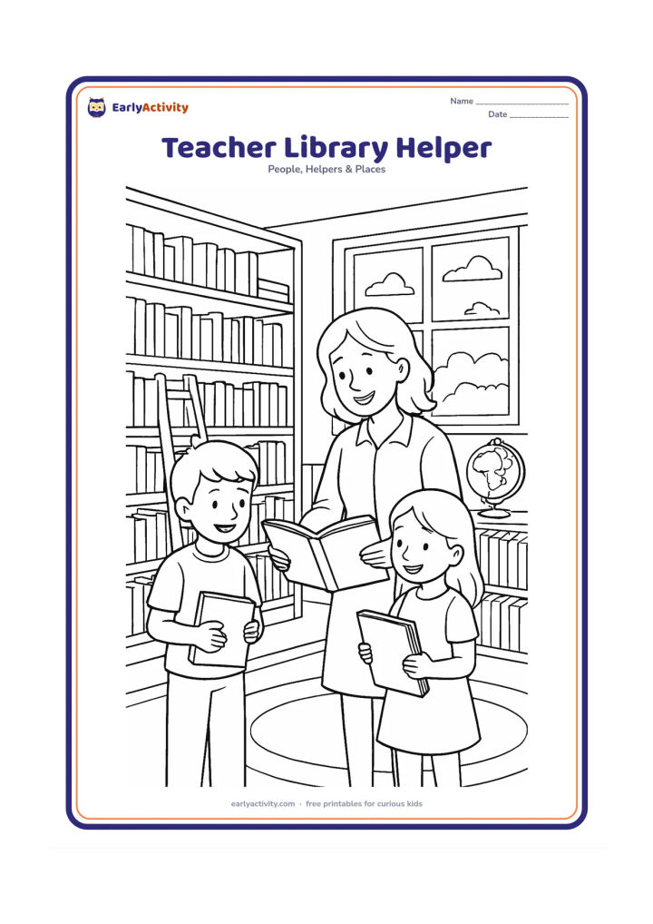 Colouring page: A teacher helps two children choose picture books in a school library, with tall shelves, a reading rug, a globe, a ladder and a window showing an afternoon sky. All book covers and…