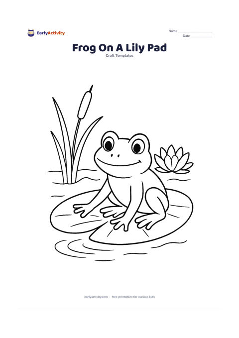 Worksheet: Draw a frog sitting on a large lily pad at a pond edge, with bent hind legs, raised eyes and one front foot touching a small ripple. Add two reeds and one open water lily behind it.