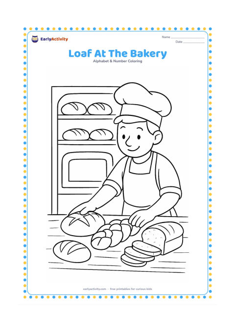 Colouring page: Draw a baker arranging several loaves of bread on a wooden counter, including a round loaf, a braided loaf and sliced bread, with a plain oven and shelves behind. Keep the bakery…