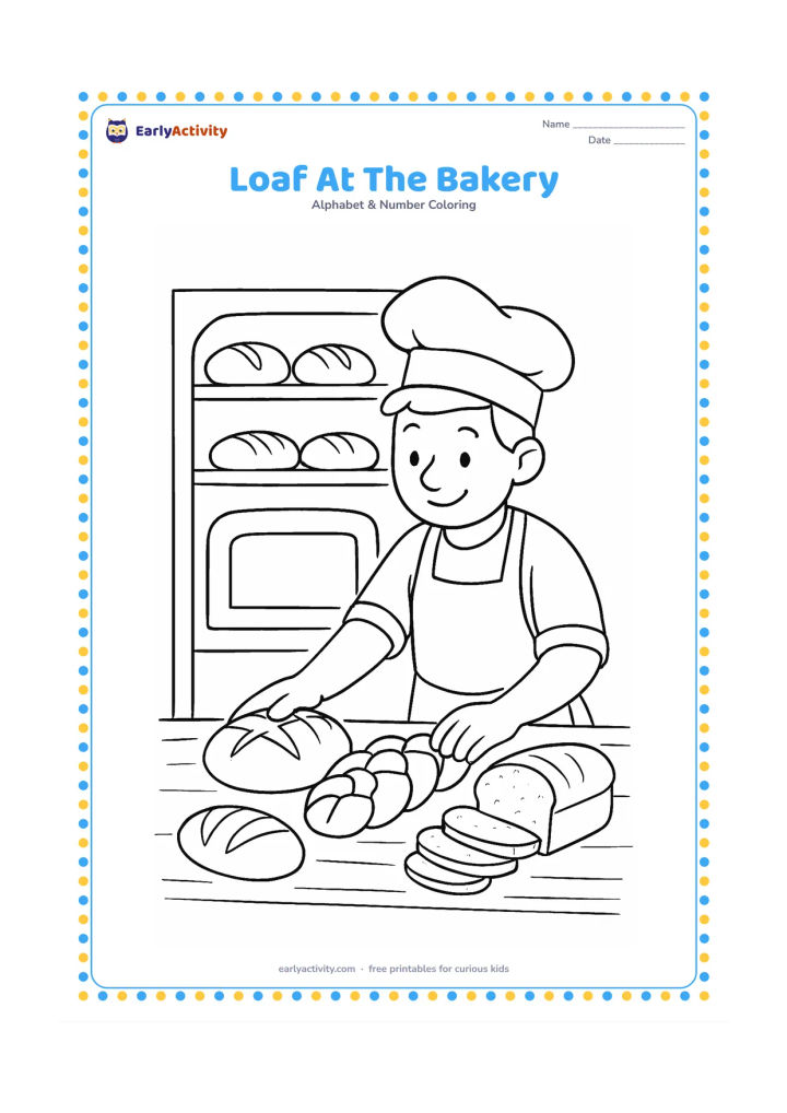 Colouring page: Draw a baker arranging several loaves of bread on a wooden counter, including a round loaf, a braided loaf and sliced bread, with a plain oven and shelves behind. Keep the bakery…