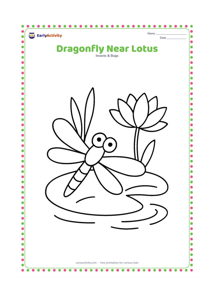 Colouring page: A dragonfly rests on a broad lotus leaf beside one simple lotus flower, with a few pond ripples and two upright leaves. Arrange the scene as a calm close-up suitable for young children.
