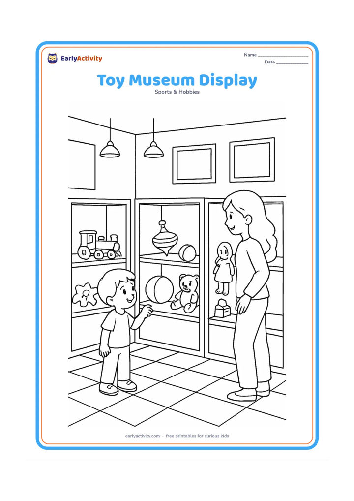 Colouring page: A child and an adult explore a small toy display room containing a vintage-style wooden train, spinning top, ball, doll, teddy bear, puzzle and block tower in glass-fronted cases. Add…