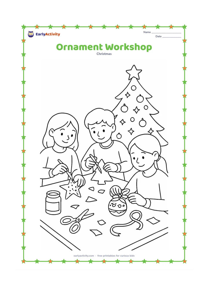 Colouring page: Three children make different Christmas ornaments at a craft table: one paints a star, one cuts a paper tree shape and one ties ribbon around a round ornament. Show jars, scissors,…