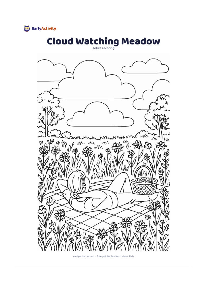 Colouring page: A person lying on a picnic blanket in a meadow and looking up at large rounded clouds, with wildflowers, grasses, a basket and a few trees around the edges. Show the blanket with simple…