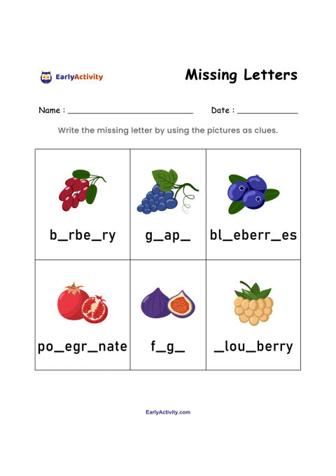 Worksheet with six fruit pictures and incomplete fruit names for children to complete by adding the missing letters.