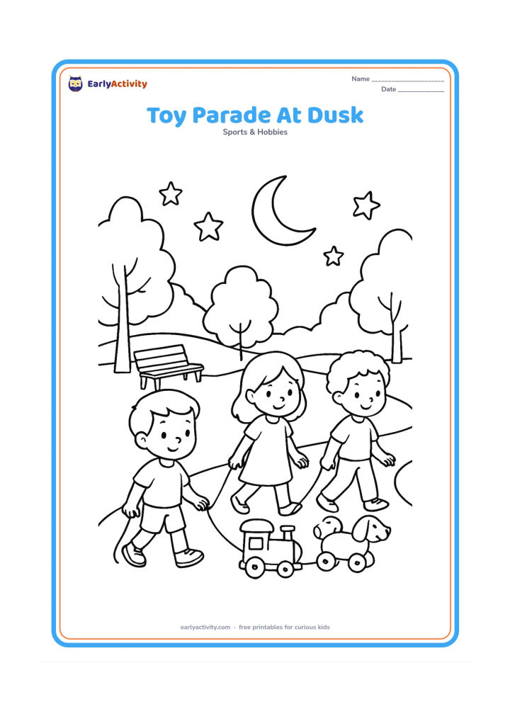Colouring page: Three children walk toy cars, a toy train and a pull-along animal along a park path at dusk. Include trees, a bench, a crescent moon and a few large stars, with no text anywhere.
