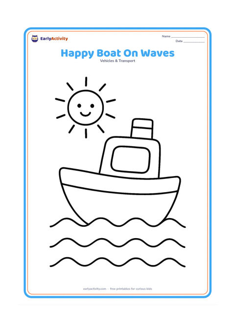 Colouring page: Draw one cheerful little boat floating on three large rounded waves, with a simple smiling sun above it. Keep the boat centered with a broad hull and one large open cabin window.