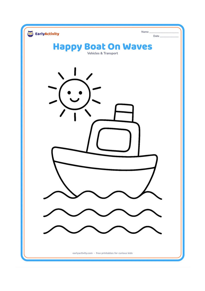 Colouring page: Draw one cheerful little boat floating on three large rounded waves, with a simple smiling sun above it. Keep the boat centered with a broad hull and one large open cabin window.