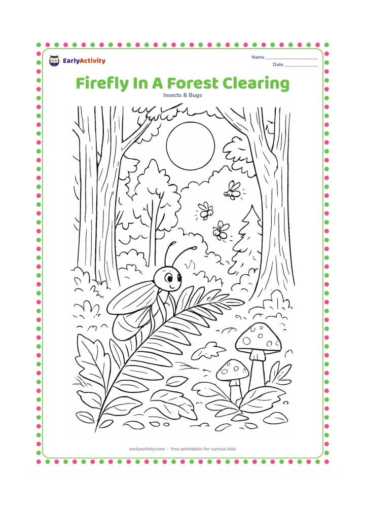 Colouring page: Draw a detailed forest clearing with one large firefly on a fern, three smaller fireflies in the distance, layered tree trunks, mushrooms, leaf litter, and a moonlit opening overhead.