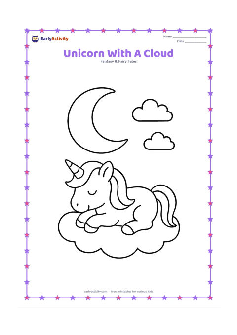 Colouring page: Draw one resting unicorn lying on a soft cloud, with a large moon and two smaller clouds nearby. The unicorn should have a clearly visible single horn.