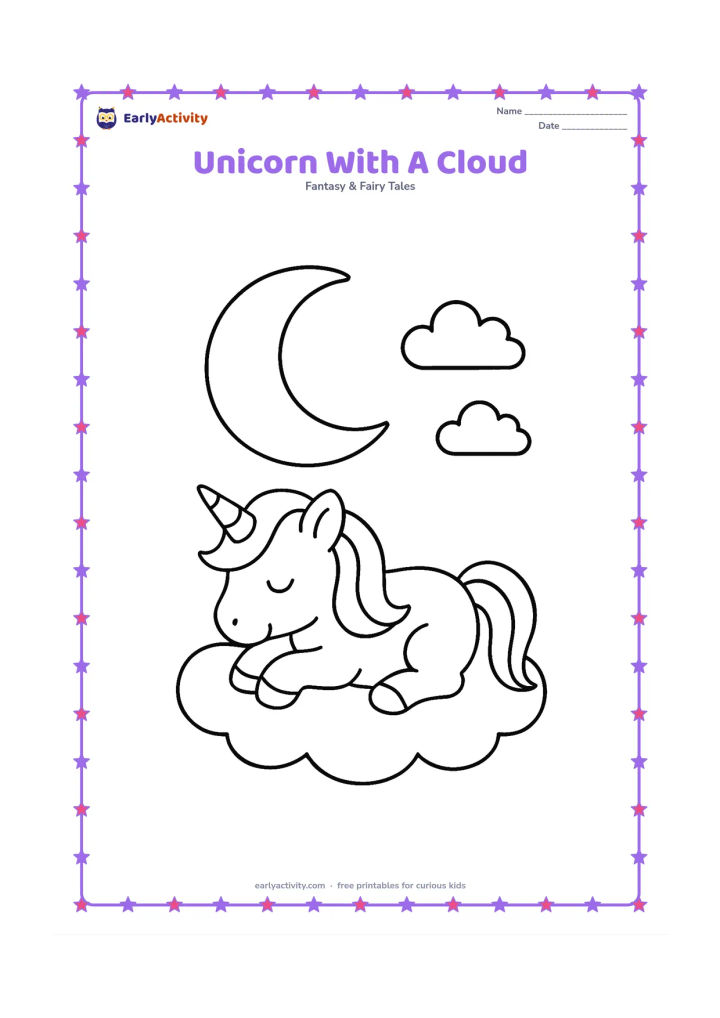 Colouring page: Draw one resting unicorn lying on a soft cloud, with a large moon and two smaller clouds nearby. The unicorn should have a clearly visible single horn.