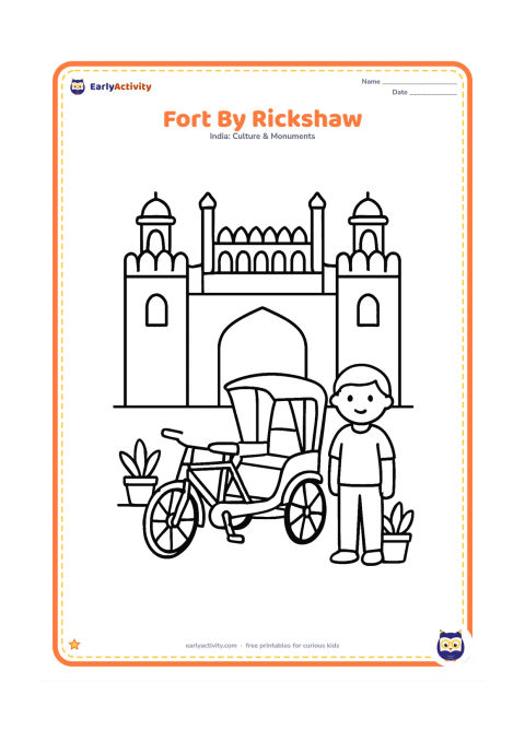 Colouring page: Show a simple Red Fort gate in the background and a cycle rickshaw parked on a nearby Delhi street in the foreground. Add one person standing beside the rickshaw and two potted plants.