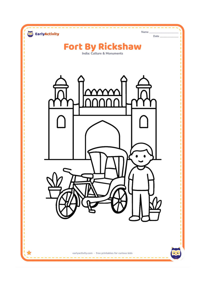 Colouring page: Show a simple Red Fort gate in the background and a cycle rickshaw parked on a nearby Delhi street in the foreground. Add one person standing beside the rickshaw and two potted plants.