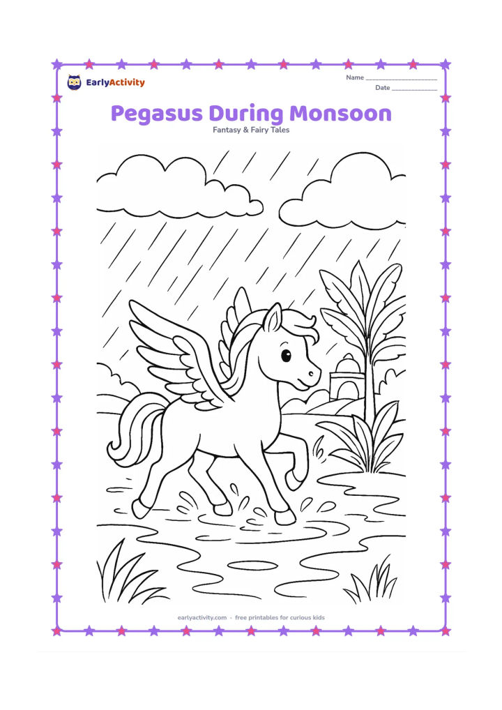 Colouring page: Draw a pegasus trotting through a monsoon landscape with layered rain clouds, puddles, banana plants and a distant Indian-style arched bridge. Include splashes beneath its hooves.