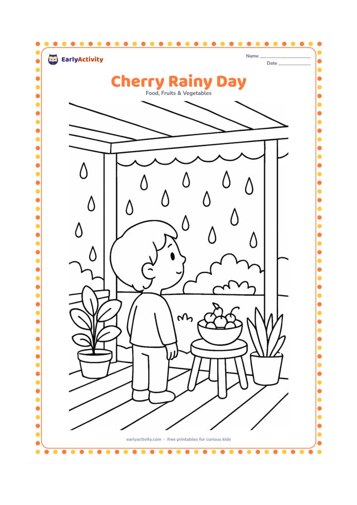 Colouring page: Draw a covered veranda with a bowl of cherries on a stool, potted plants, raindrops outside and a child looking toward the garden.