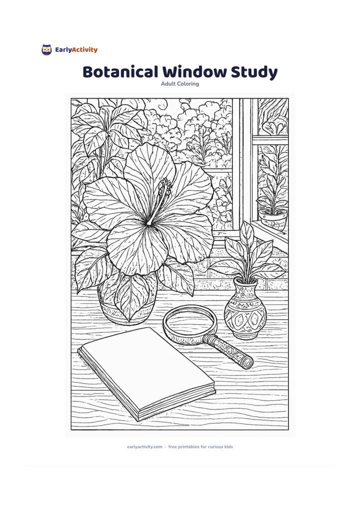 Colouring page: Draw a tabletop nature study with a single large hibiscus bloom, leaves, a small vase, a magnifying glass and a blank sketchbook page beside an open window. Place potted plants and a…