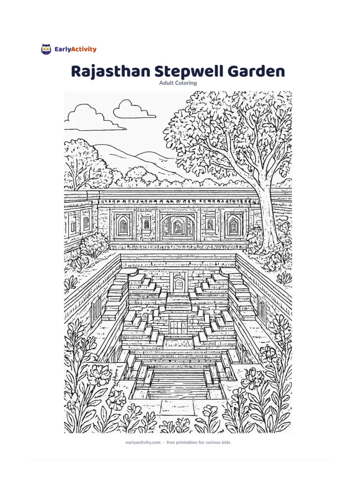 Colouring page: A historic-looking Indian stepwell surrounded by a quiet garden, shown without inscriptions or decorative lettering. Include symmetrical stone steps, carved but unmarked walls, flowering…